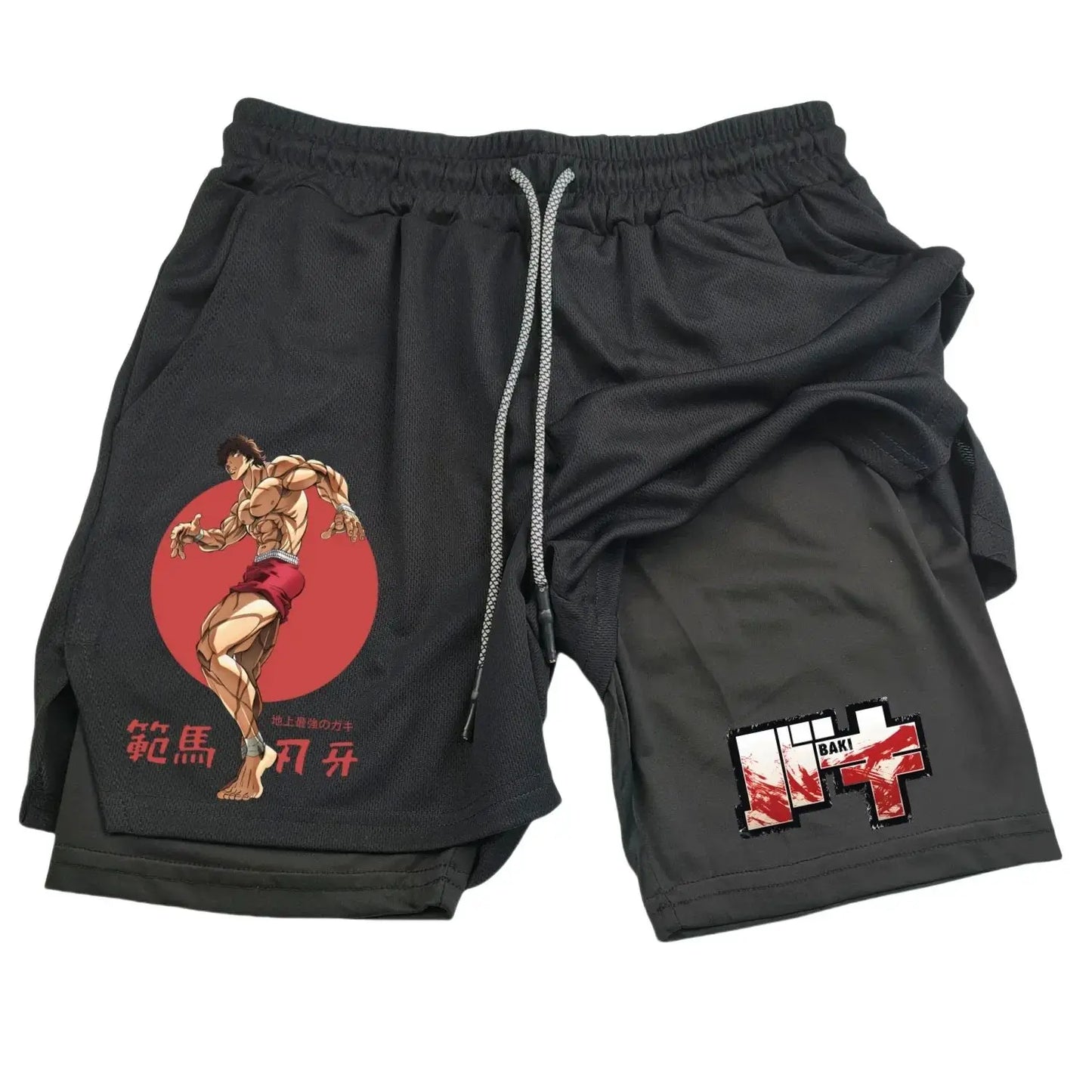 Anime Hanma Baki Gym Shorts Black for Men 2 in1 Mesh Quick Dry Board Shorts Mens Bodybuilding Fitness Running Short Pants Summer