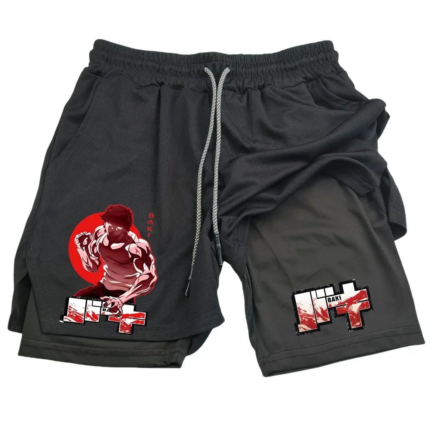 Anime Hanma Baki Gym Shorts Black for Men 2 in1 Mesh Quick Dry Board Shorts Mens Bodybuilding Fitness Running Short Pants Summer