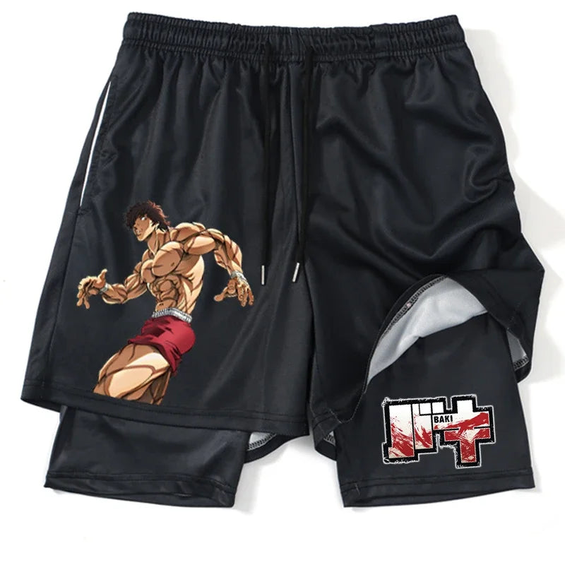 Men’s Anime Printed Quick-Dry Gym Shorts – Black 2-in-1 Mesh