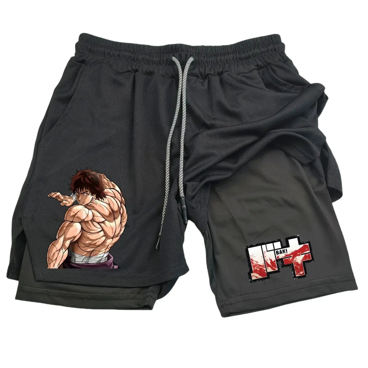 Anime Hanma Baki Gym Shorts Black for Men 2 in1 Mesh Quick Dry Board Shorts Mens Bodybuilding Fitness Running Short Pants Summer