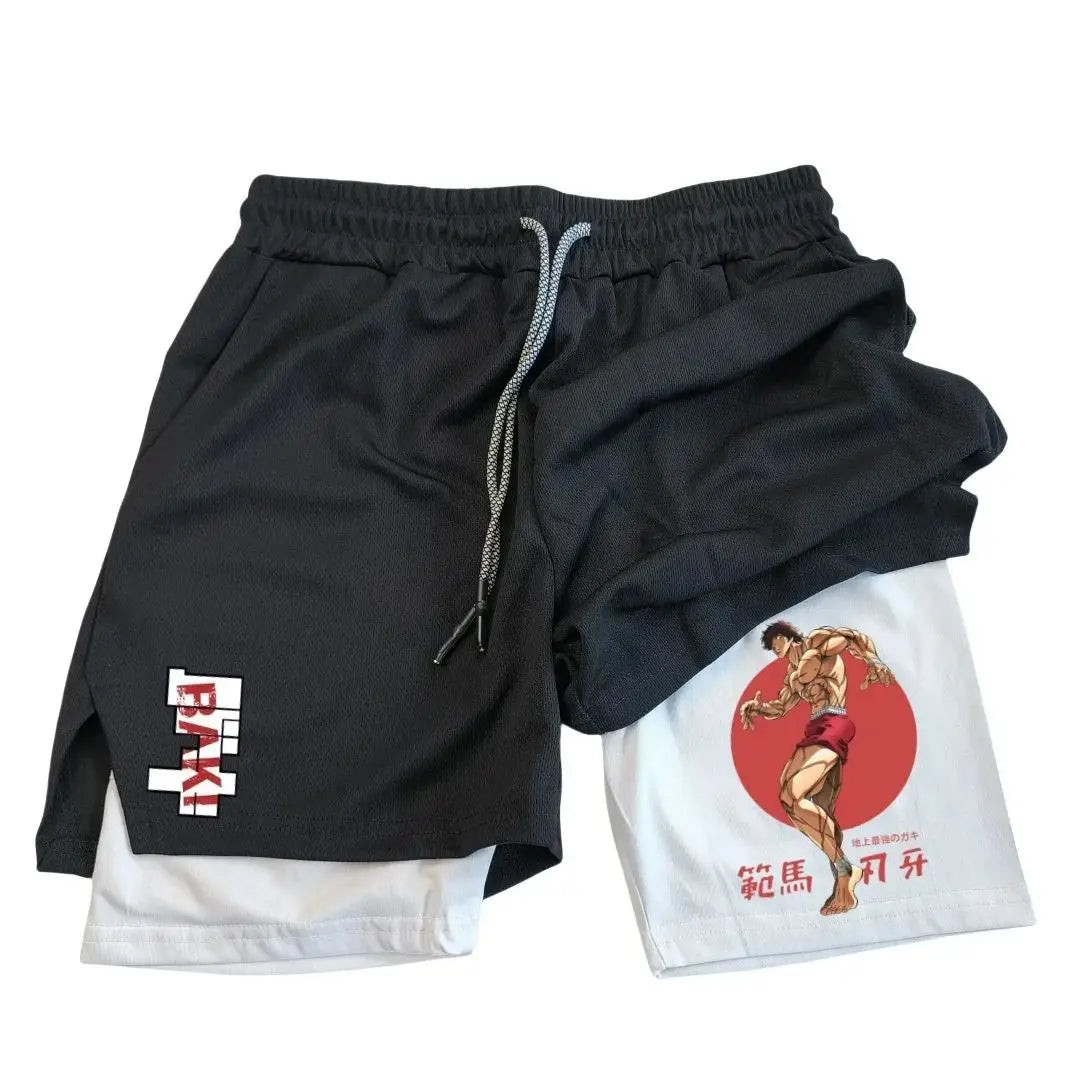 Anime Hanma Baki Gym Shorts Black for Men 2 in1 Mesh Quick Dry Board Shorts Mens Bodybuilding Fitness Running Short Pants Summer