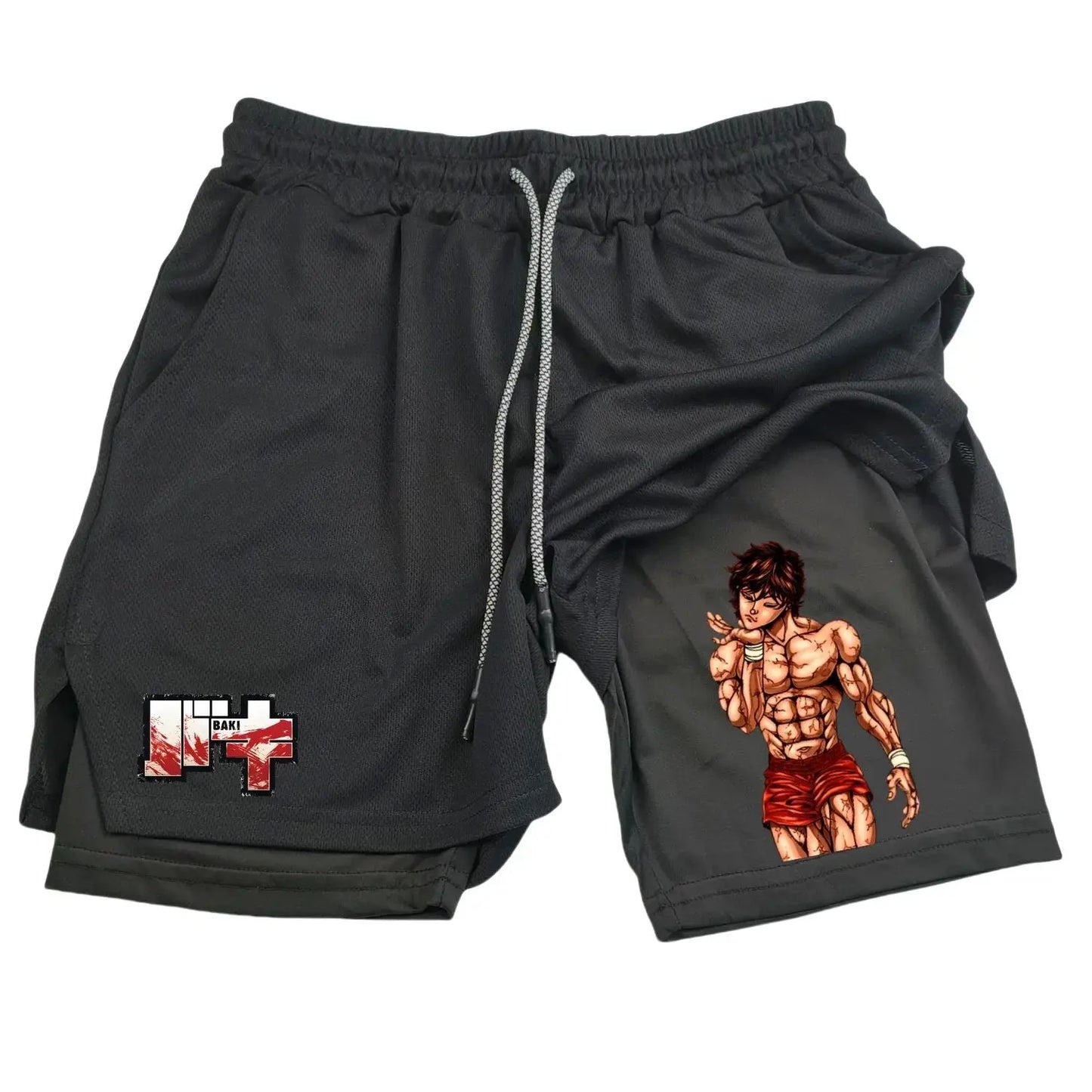 Anime Hanma Baki Gym Shorts Black for Men 2 in1 Mesh Quick Dry Board Shorts Mens Bodybuilding Fitness Running Short Pants Summer