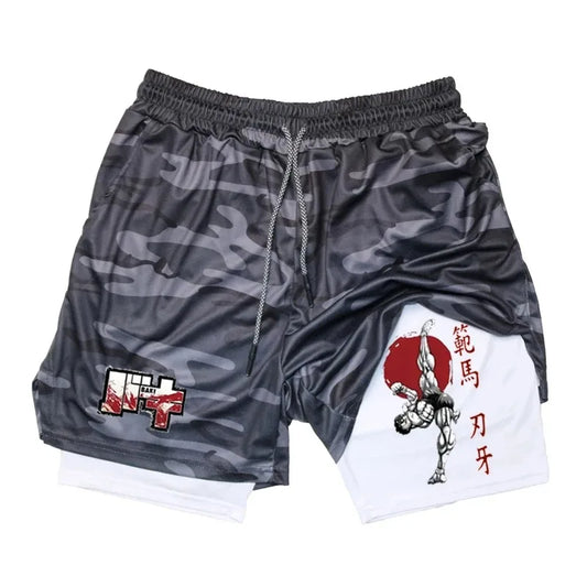 Anime Baki Hanma Gym Shorts Men Women Fitness Manga Print 2 In 1 Sports Performance Shorts Workout Quick Dry Mesh Short Pants