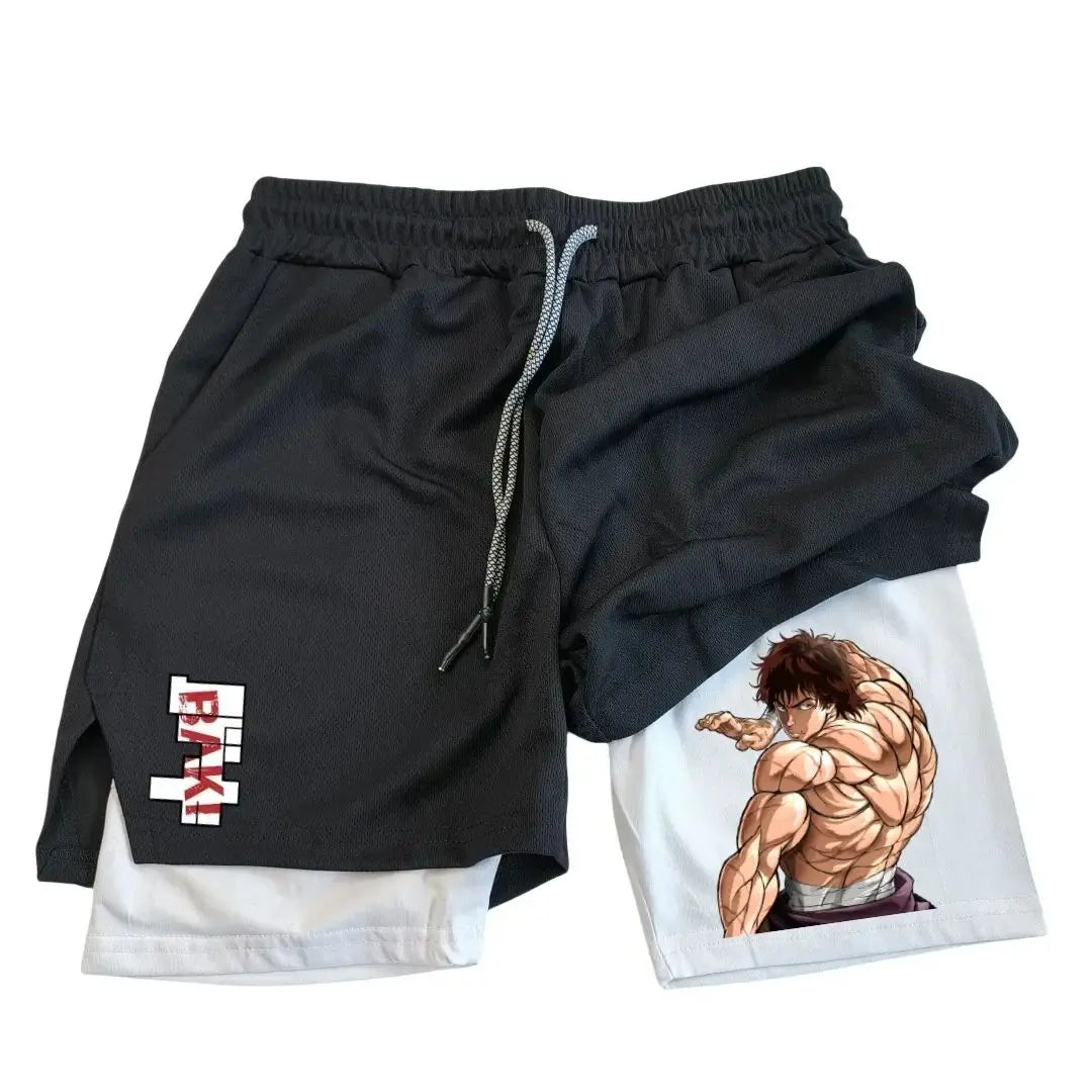 Anime Hanma Baki Gym Shorts Black for Men 2 in1 Mesh Quick Dry Board Shorts Mens Bodybuilding Fitness Running Short Pants Summer