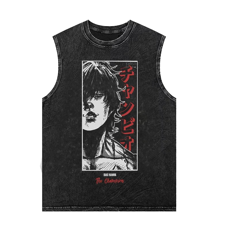 Japanese Anime Graphic Tank Top – Vintage Washed Sleeveless Y2K Streetwear