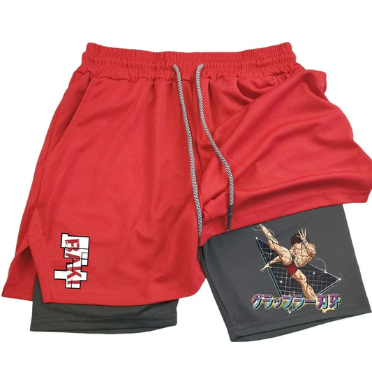 Anime Hanma Baki Gym Shorts Black for Men 2 in1 Mesh Quick Dry Board Shorts Mens Bodybuilding Fitness Running Short Pants Summer