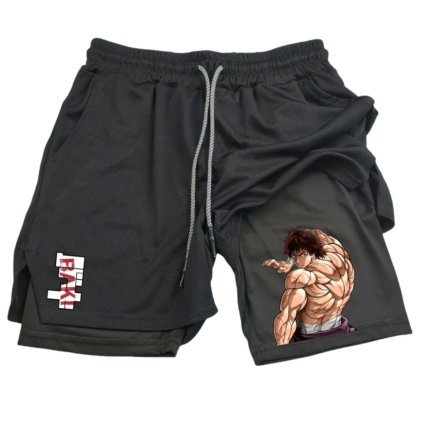Anime Hanma Baki Gym Shorts Black for Men 2 in1 Mesh Quick Dry Board Shorts Mens Bodybuilding Fitness Running Short Pants Summer