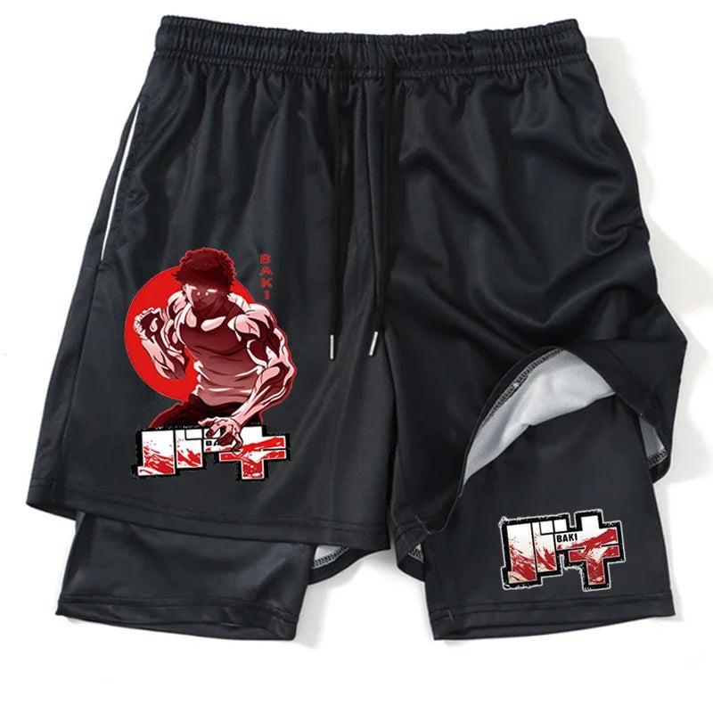 Men’s Anime Printed Quick-Dry Gym Shorts – Black 2-in-1 Mesh