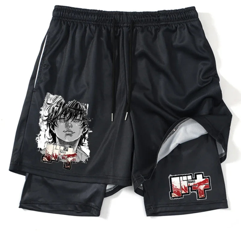 Men’s Anime Printed Quick-Dry Gym Shorts – Black 2-in-1 Mesh
