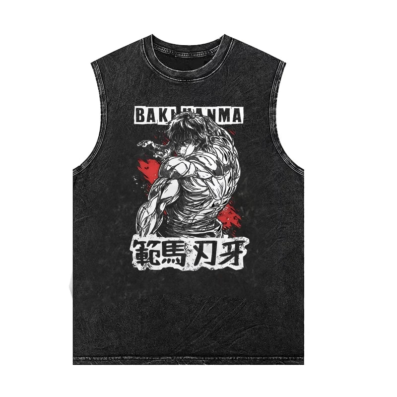 Japanese Anime Graphic Tank Top – Vintage Washed Sleeveless Y2K Streetwear