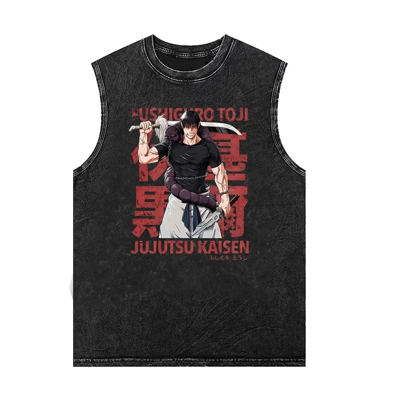 Japanese Anime Graphic Tank Top – Vintage Washed Sleeveless Y2K Streetwear
