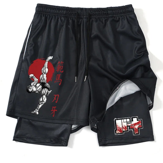 Men’s Anime Printed Quick-Dry Gym Shorts – Black 2-in-1 Mesh
