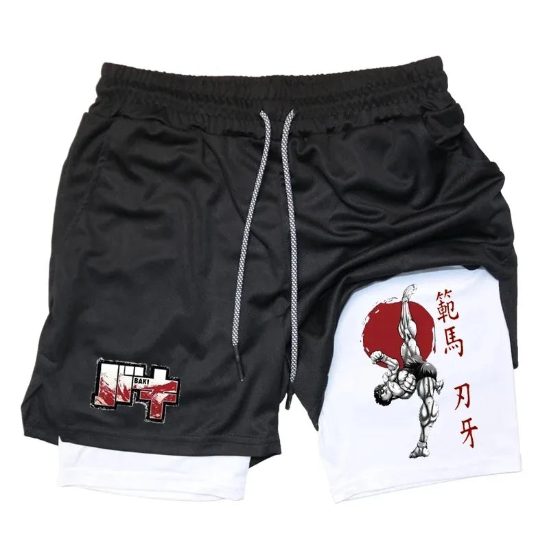 Anime Baki Hanma Gym Shorts Men Women Fitness Manga Print 2 In 1 Sports Performance Shorts Workout Quick Dry Mesh Short Pants