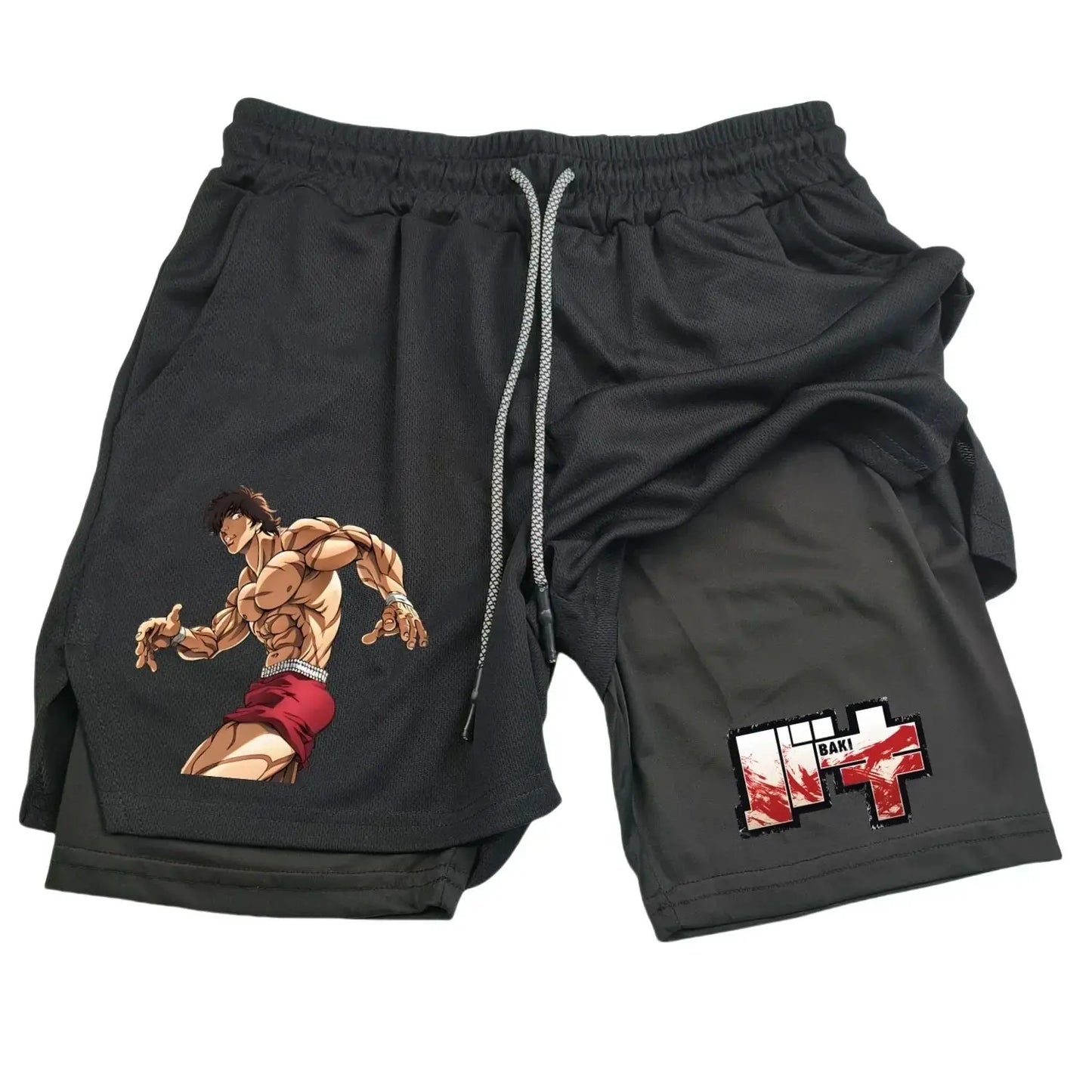 Anime Hanma Baki Gym Shorts Black for Men 2 in1 Mesh Quick Dry Board Shorts Mens Bodybuilding Fitness Running Short Pants Summer