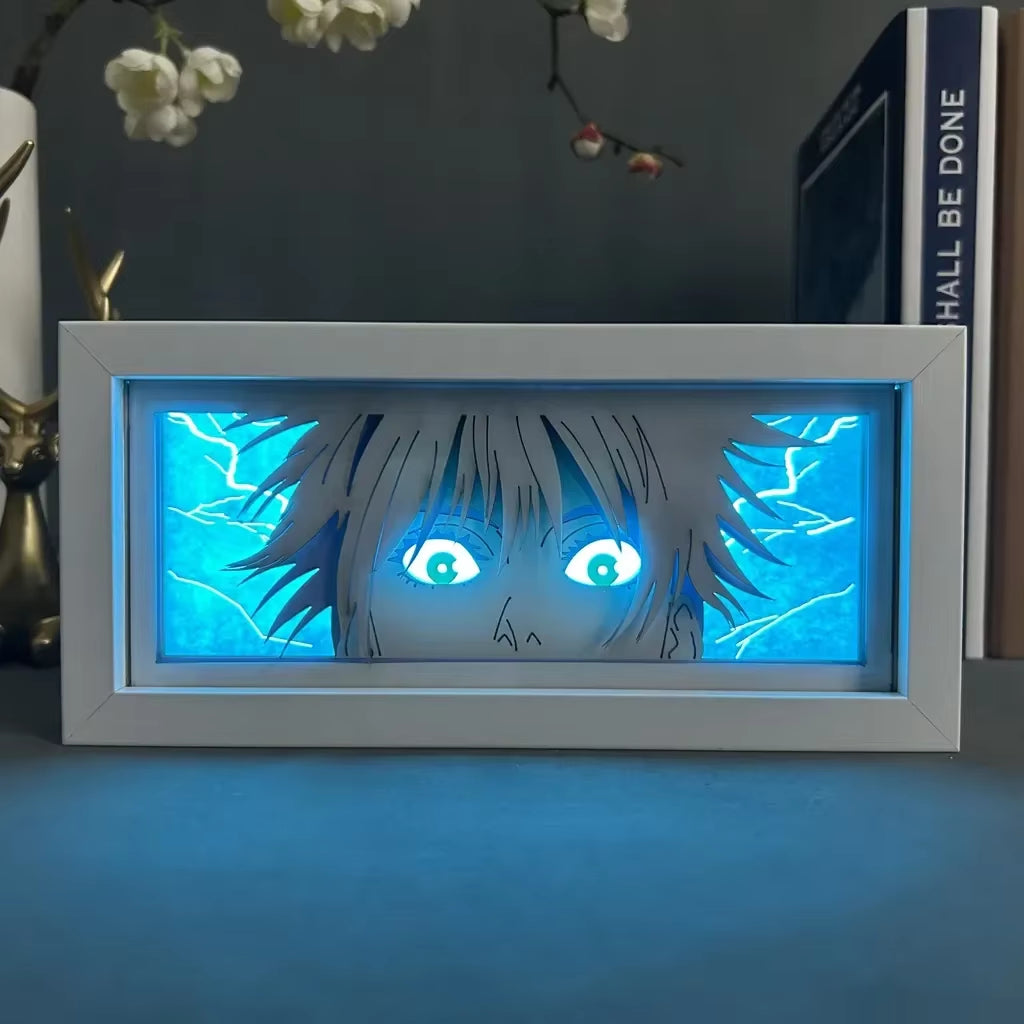 Jujutsu Kaisen Anime Light Box Satoru Gojo Eye Face Lamp for Bedroom Decor Lightbox Manga Nightlight Wood 3D Papercut Desk Lamp