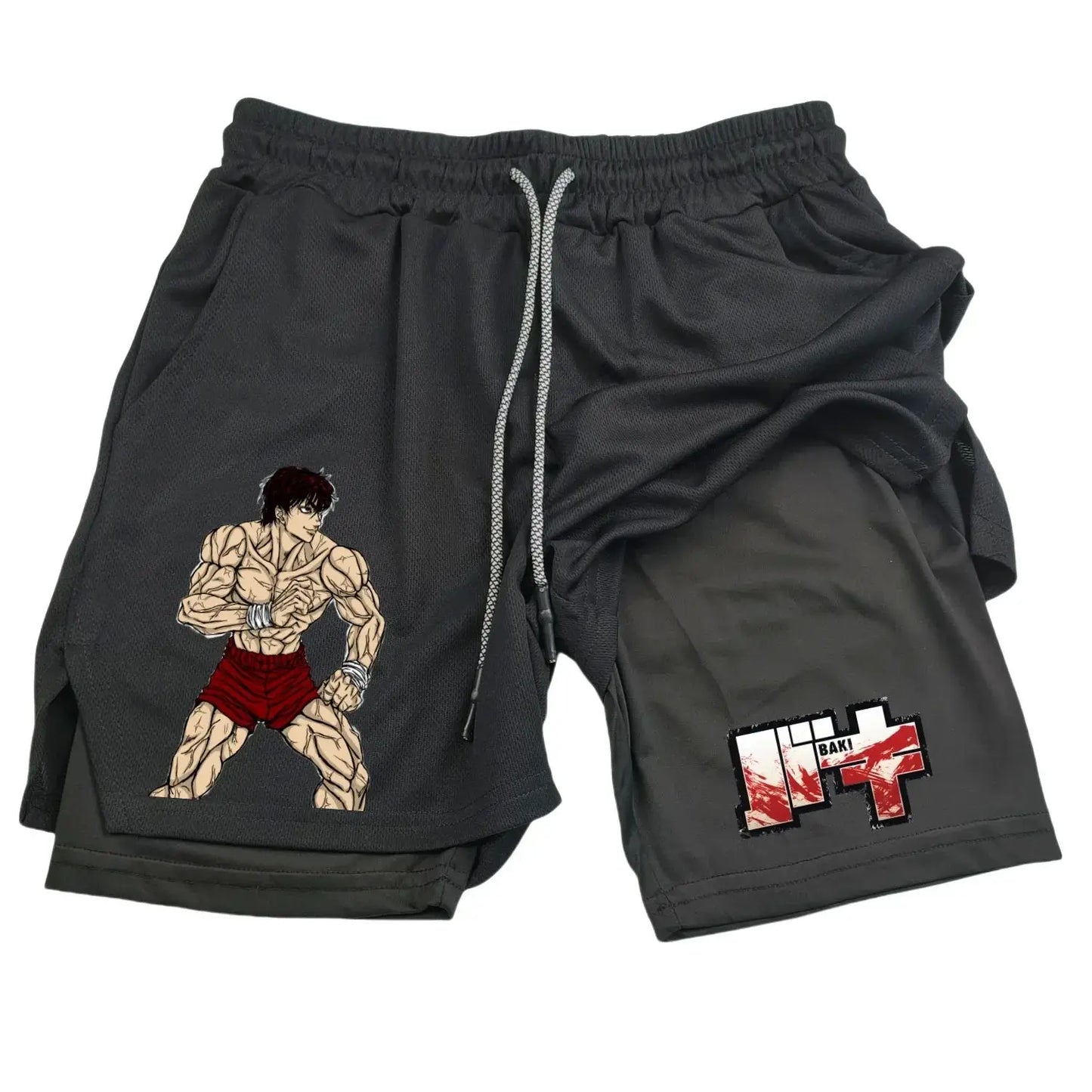 Anime Hanma Baki Gym Shorts Black for Men 2 in1 Mesh Quick Dry Board Shorts Mens Bodybuilding Fitness Running Short Pants Summer