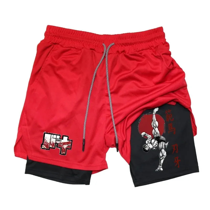 Anime Baki Hanma Gym Shorts Men Women Fitness Manga Print 2 In 1 Sports Performance Shorts Workout Quick Dry Mesh Short Pants
