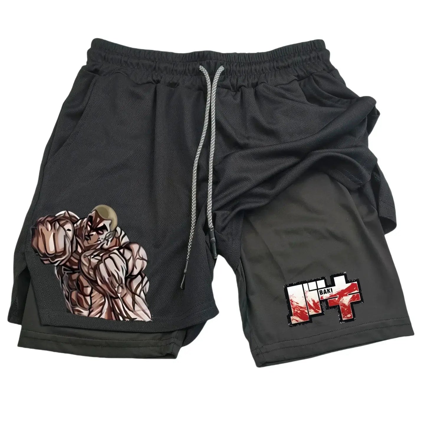 Anime Hanma Baki Gym Shorts Black for Men 2 in1 Mesh Quick Dry Board Shorts Mens Bodybuilding Fitness Running Short Pants Summer