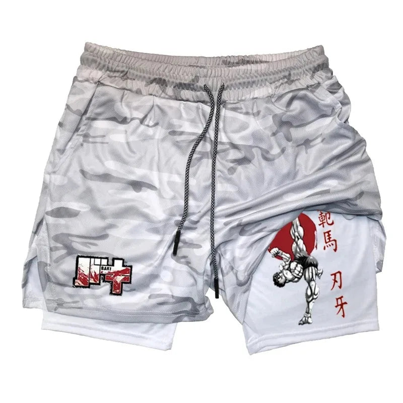 Anime Baki Hanma Gym Shorts Men Women Fitness Manga Print 2 In 1 Sports Performance Shorts Workout Quick Dry Mesh Short Pants