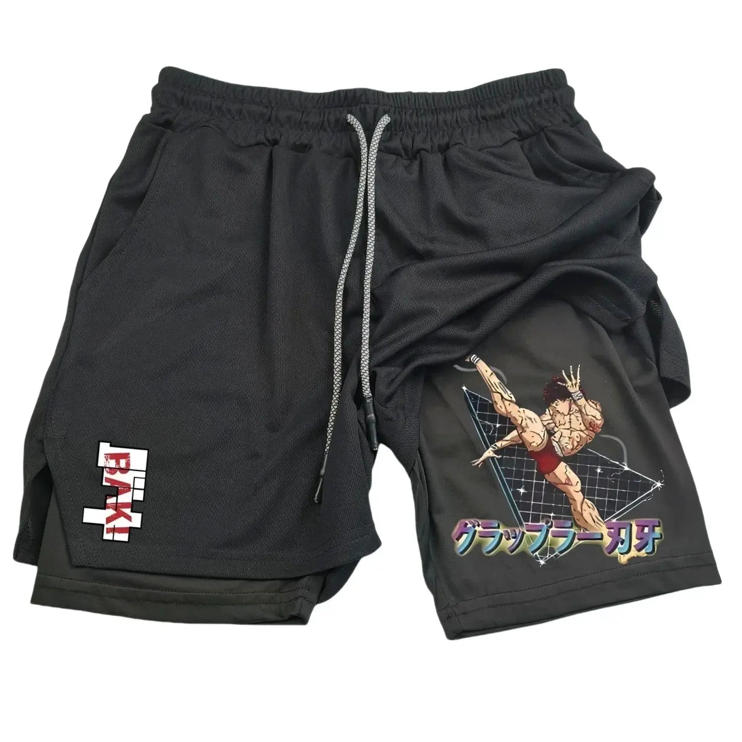 Anime Hanma Baki Gym Shorts Black for Men 2 in1 Mesh Quick Dry Board Shorts Mens Bodybuilding Fitness Running Short Pants Summer