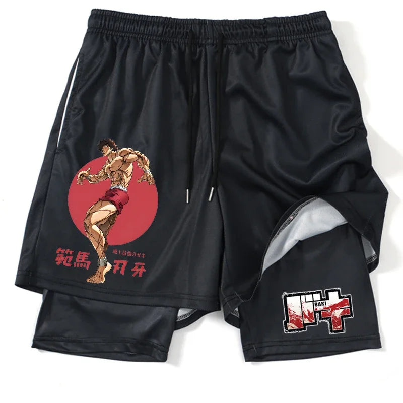 Men’s Anime Printed Quick-Dry Gym Shorts – Black 2-in-1 Mesh